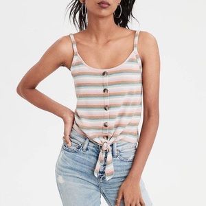 American Eagle AEO Striped Button Tie Front Spaghetti Strap Tank Top Multicolor
